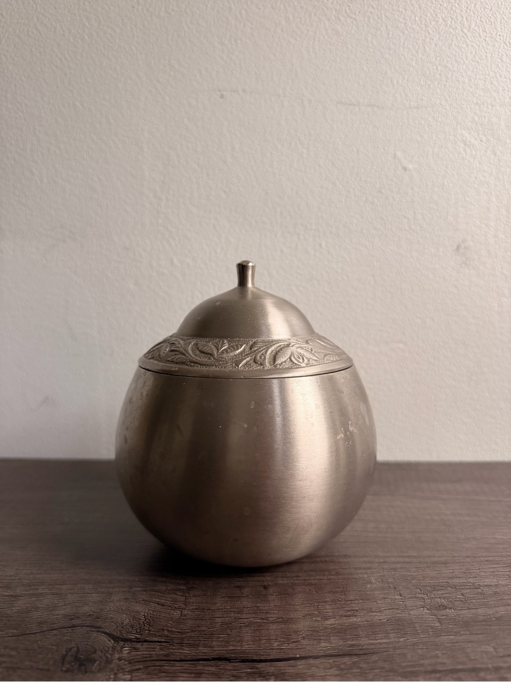 Vintage pewter Embossed Metal Lidded Jar in Brushed